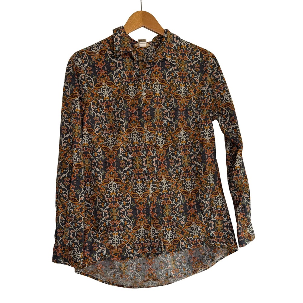 Duluth Trading Co Womens XS Floral Damask Button Down Shirt Pockets High Low Hem